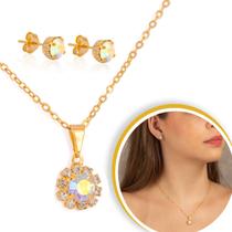 Kit Corrente Com Pingente de Flor Olográfica Brinco Bolinha Feminino Kit Corrente Com Pingente de Flor Olográfica Brinco Bolinha Feminino