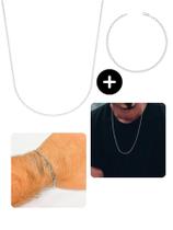 Kit Corrente Cordão 70Cm + Pulseira Masculina Prata Fita