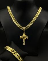 Kit Corrente Gourmet 13mm Moeda antiga + pingente Crucifixo 3D + Pulseira Gourmet 13mm