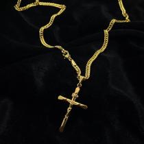 KIT Corrente Grumet Dupla 3mm de 60cm com Pingente Cruz Estampada Com Cristo Banhados A Ouro 18K