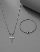 Kit Corrente Masculina 70cm Pingente Cruz E Pulseira 21cm Aço Inox