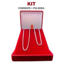 Kit Corrente Prata 70Cm + Pulseira Escama De Peixe Legítima