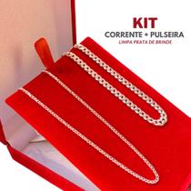 Kit Corrente Prata Legítima 70cm + Pulseira Italiana 925