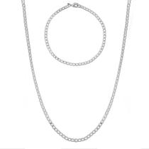 Kit Corrente + Pulseira Banhado Prata 925 Masc Fina Grumet