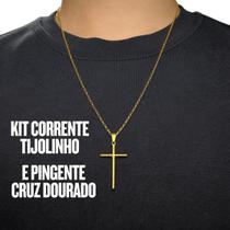 Kit Corrente Tijolinho com Pingente Cruz Prateado e Dourado Aço Inox Fé Jesus Masculino Presente Religioso Cristão Brilhante Resistente