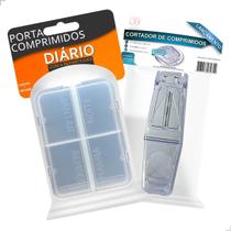Kit Cortador Lâmina Afiada com Porta Comprimidos Diário 4 Repartições Plastico Vitaminas Cápsulas Kit Cortador Lâmina Afiada com Porta Comprimidos Diário 4 Repartições Plastico Vitaminas Cápsulas