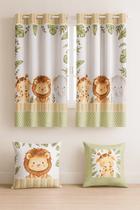 Kit Cortina 2m + 2 Capa De Almofada Decoração Quarto Infantil - Mundo Safari Kit Cortina 2m + 2 Capa De Almofada Decoração Quarto Infantil - Mundo Safari