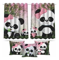 Kit Cortina + 3 Capas Almofadas Infantil Panda Rosa