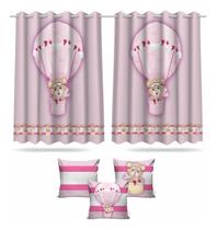 Kit Cortina + 3 Capas Almofadas Infantil Ursinha Baloeira