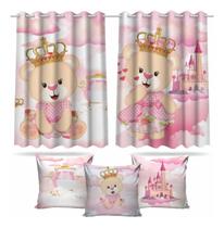 Kit Cortina + 3 Capas Almofadas Infantil Ursinha Princesa 02