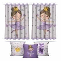Kit Cortina Com 3 Capas de Almofadas Bailarina Quarto de Menina Kit Cortina Com 3 Capas de Almofadas Bailarina Quarto de Menina