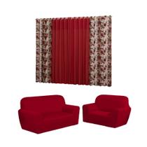 Kit cortina florata + capa de sofa lisa
