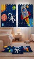 Kit Cortina Infantil Astronauta + 3 Capas Almofadas
