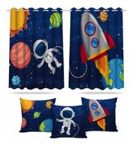 Kit Cortina Infantil Astronauta Menino + 3 Capas Almofadas Kit Cortina Infantil Astronauta Menino + 3 Capas Almofadas