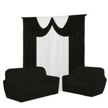 Kit Cortina Paris 4 Metros+Capa De Sofá 3 e 2 Lugares Coladinha Malha Gel Lisa