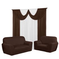 Kit Cortina Paris 5 Metros+Capa De Sofá 3 e 2 Lugares Coladinha Malha Gel Lisa