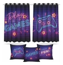 Kit Cortina Quarto Jogo Gamer + 3 Capas Almofadas 260x150