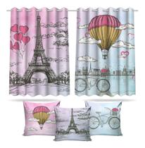 Kit Cortina Quarto Jogo Paris Aquarela + 3 Capas Almofadas