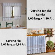 Kit Cortinas Pia 2x0,80 +Janela 2x1,20 Renda Branca Coruja