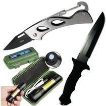 Kit cotendo 1 faca militar 1 canivete tático e lanterna potente de mão