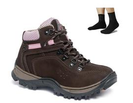 Kit Coturno Adventure Feminino Couro Trilha Macio + Meia