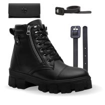 Kit Coturno Bota Feminina Preta Tratorada Zíper Lateral Sola Alta Moda Blogueira + Cinto + Carteira