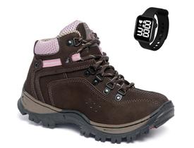 Kit Coturno Couro Feminino Bota Trilha Adventure Tratorada + Relógio Digital
