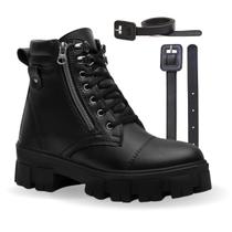 Kit Coturno Feminino Bota Feminina Tratorada Zíper Lateral Cano Curto Casual Confortável + Cinto