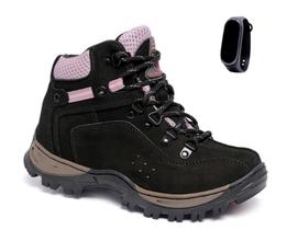 Kit Coturno Feminino Inverno Bota Motociclista Couro + Relógio Fino