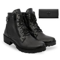 Kit Coturno Feminino Tratorado Bota Feminina Preta Zíper Lateral Cano Curto Moderna + Carteira
