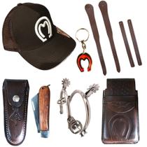 Kit Country Capa De Celular Boné Farm Bulls Espora Serrilhada Par De Correias Canivete + Chaveiro