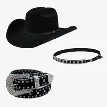 Kit Country Feminino Chapéu Banda e Cinto Preto Kit Country Feminino Chapéu Banda e Cinto Preto