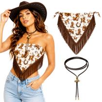 Kit Country Feminino Lenço Triangular com Franjas Estampa Sortida + Colar Choker Rodeio Show Sertanejo