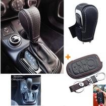 Kit Couro Capa Manopla Câmbio Automático e Capa Chave 4 e 5 Botões Jeep Compass Renegade Cherokee