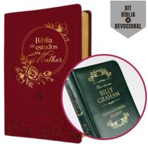 Kit Couro Luxo: 1 Bíblia Estudo da Mulher NVT + 1 Devocional Billy Graham 366 Mensagens - Crescimento Espiritual