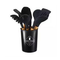 Kit Cozinha 12 peças Utensílios Silicone Madeira Luxo Preto