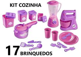 Kit Cozinha 17 Brinquedos Potes de Mantimentos , Liquidificador, Batedeira, Panela Pressão, Pratos, Copos e talheres - Altimar