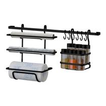 Kit Cozinha 3 Peças Barra 45cm De Parede Suporte Porta Rolo Triplo Papel Tempero Condimento Preto Fosco - Future