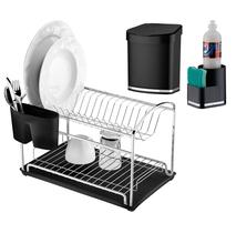 Kit Cozinha 3 Peças Escorredor Louça Duplo Bandeja Lixeira 2,5L Porta Detergente Preto Cromado - Future