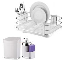Kit Cozinha 3 Peças Escorredor Louça Talheres Lixeira 2,5L Dispenser Detergente Branco Cromado - Future Kit Cozinha 3 Peças Escorredor Louça Talheres Lixeira 2,5L Dispenser Detergente Branco Cromado - Future