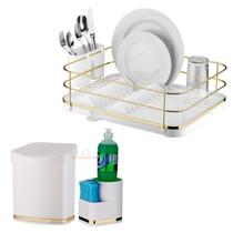 Kit Cozinha 3 Peças Escorredor Louça Talheres Lixeira 2,5L Organizador Pia Branco Dourado - Future Kit Cozinha 3 Peças Escorredor Louça Talheres Lixeira 2,5L Organizador Pia Branco Dourado - Future