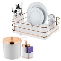 Kit Cozinha 3 Peças Escorredor Louça Talheres Lixeira 5L Dispenser Detergente Branco Rose Gold - Future Kit Cozinha 3 Peças Escorredor Louça Talheres Lixeira 5L Dispenser Detergente Branco Rose Gold - Future