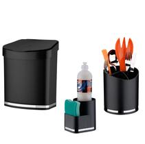 Kit Cozinha 3 Peças Lixeira 2,5L Escorredor Talheres Porta Detergente Preto Cromado - Future