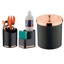 Kit Cozinha 3 Peças Lixeira 5L Organizador Porta Detergente Esponja Escorredor Talheres Preto Rose Gold - Future