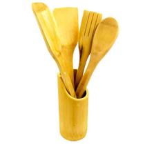 Kit Cozinha 5 Peças Bambu Utensílios Garfo Colher Espátula