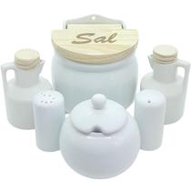 Kit Cozinha 6 pçs - 2 Galheteiros, Saleiro mesa e parede, Paliteiro, Açucareiro - Porcelana