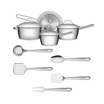 Kit Cozinha Allegra Aço Inox Fundo Triplo 9 Peças Com Utensílios - Tramontina