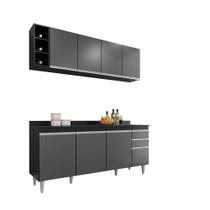 Kit Cozinha Balcão Ágatha e Aéreo com Nicho 180cm C/ Tampo Preto com Grafite - Vallisa Decor