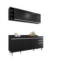 Kit Cozinha Balcão Ágatha e Aéreo com Nicho Aurora 180cm C/ Tampo Preto - Vallisa Decor