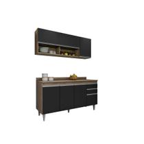 Kit Cozinha Balcão Ayla e Aéreo 150cm C/ Tampo Freijó com Preto - Belliv Decor